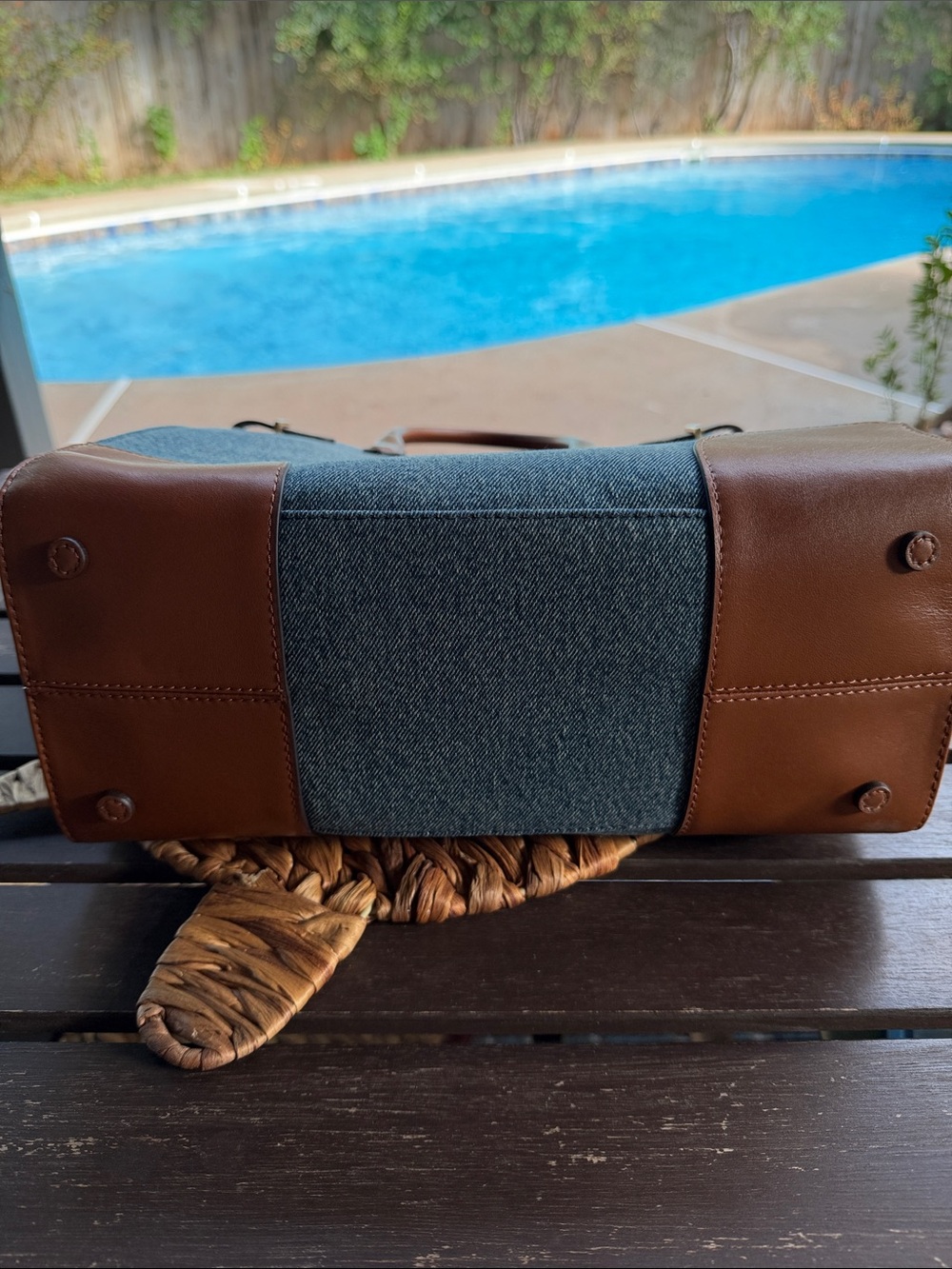 Ralph Lauren Denim Tote with Brown Leather Trim and Handles - Picture 5 of 8